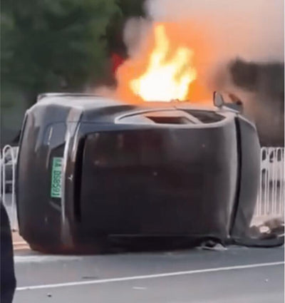 A Tesla Model Y Overturned After A Suspected Battery Fire